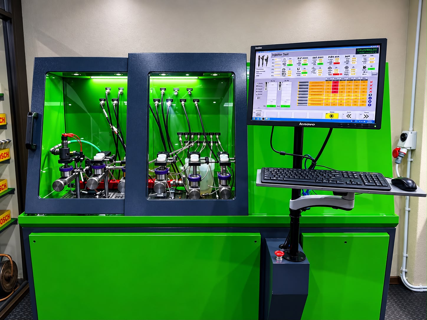 Computer-controlled diesel injector test bench in the Grunwalds workshop