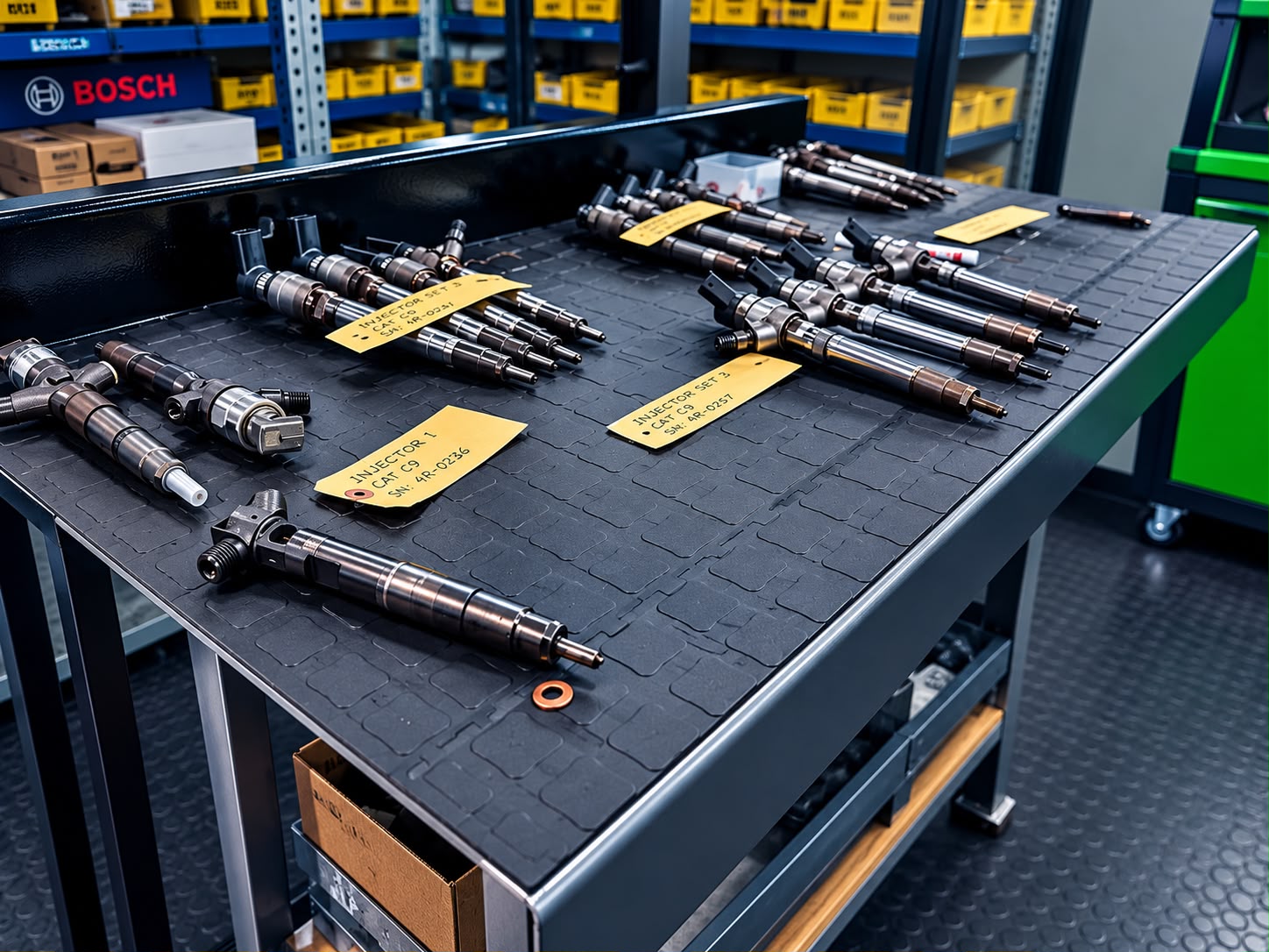 Diesel injectors organized for service on a Bosch workshop bench