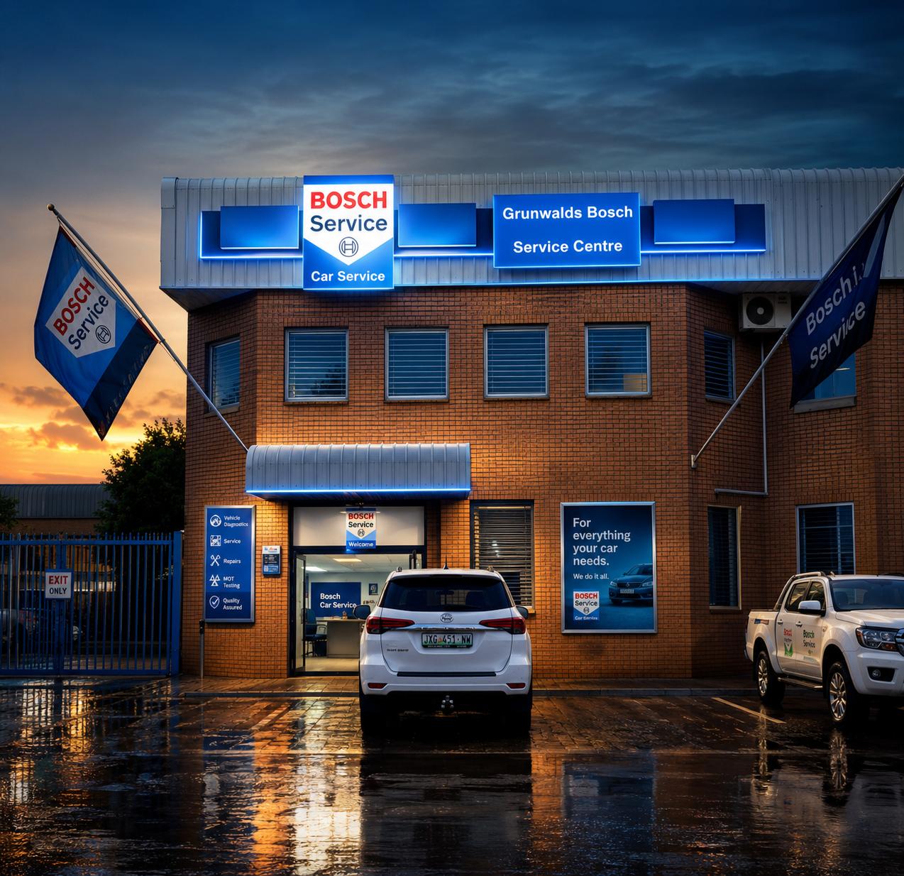 Grunwalds Bosch Service Centre building at evening